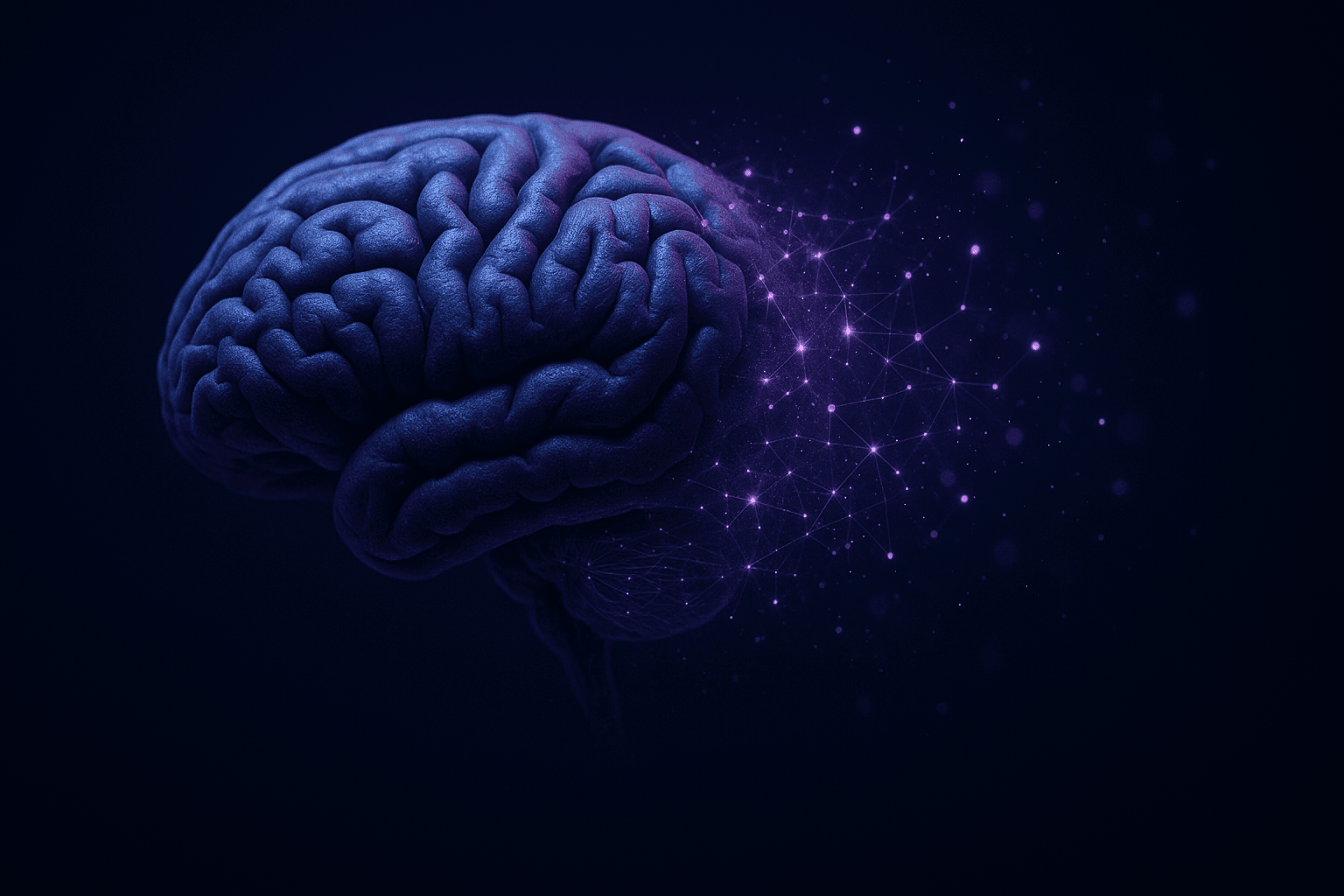 A violet-graded anatomical human brain in profile dissolving into glowing particles and network filaments — matter becoming data, an abstract visualization of the lab's AI work.