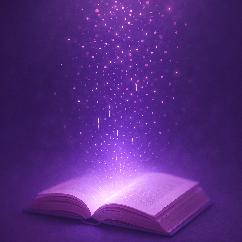 A luminous open book with knowledge lifting off its pages and dissolving into violet light and data — an abstract visualization of medical education being transformed by AI.