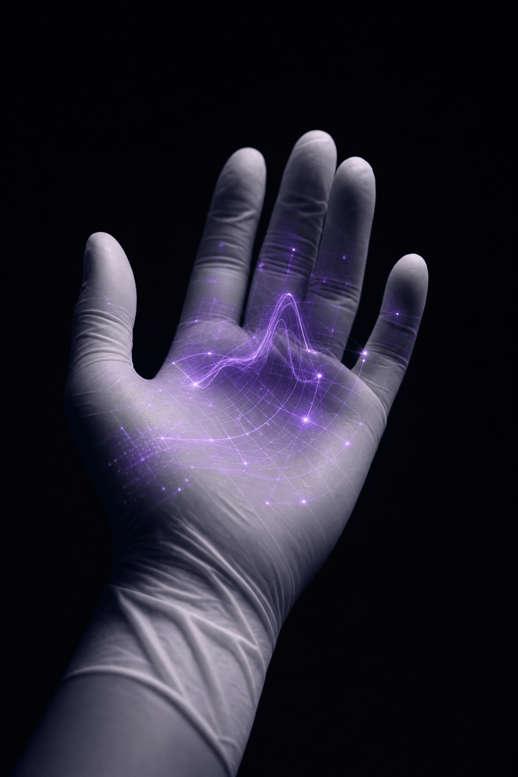 A surgical-gloved hand with a luminous violet AI data overlay tracing across the palm — abstract visualization of multimodal AI analyzing procedural skill.